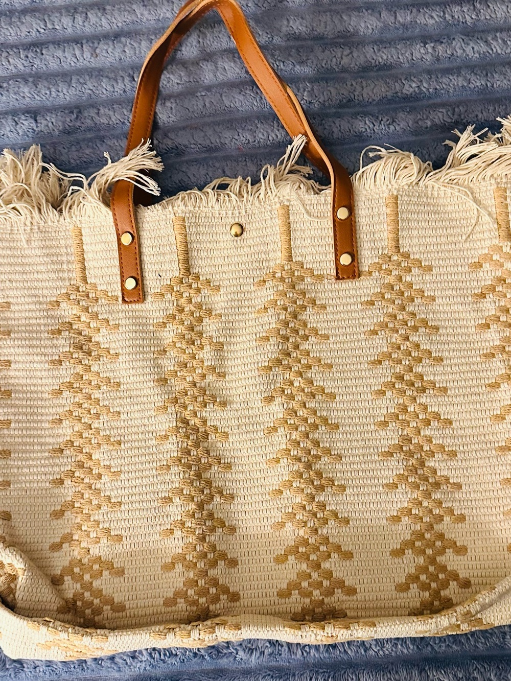 Fringed Woven Tote Bag in Natural and Tan